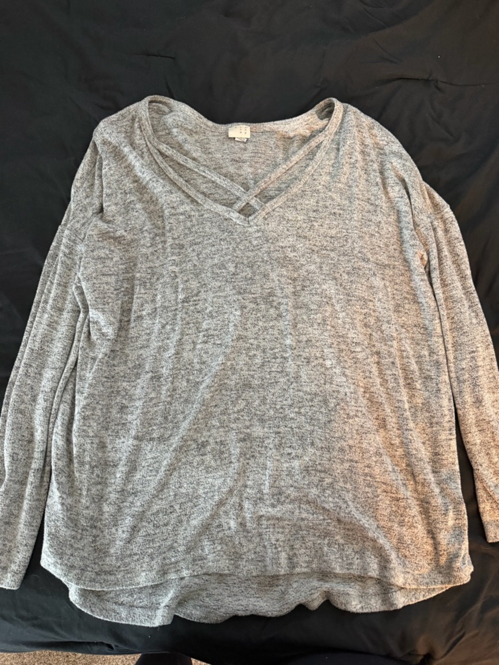 A New Day Heather Gray Long Sleeve V-Neck Top with Crisscross Detail